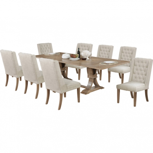 D37 9 Piece Dining Set in Tufted Beige Linen & Rustic Natural Wood