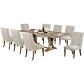 D37 9 Piece Dining Set in Tufted Beige Linen & Rustic Natural Wood