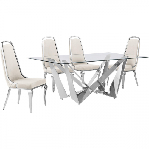 D400 5 Piece Dining Set in Tempered Glass, Polished Stainless Steel & Cream Velvet