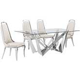 D400 5 Piece Dining Set in Tempered Glass, Polished Stainless Steel & Cream Velvet