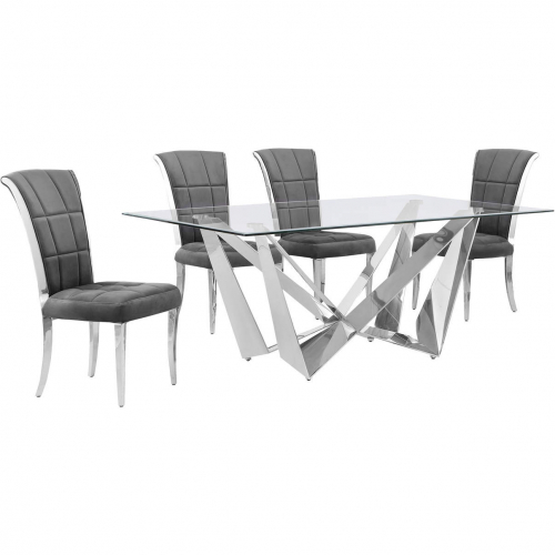 D400 5 Piece Dining Set in Tempered Glass, Polished Stainless Steel & Dark Gray Velvet