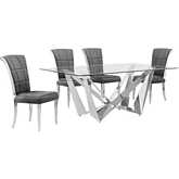 D400 5 Piece Dining Set in Tempered Glass, Polished Stainless Steel & Dark Gray Velvet