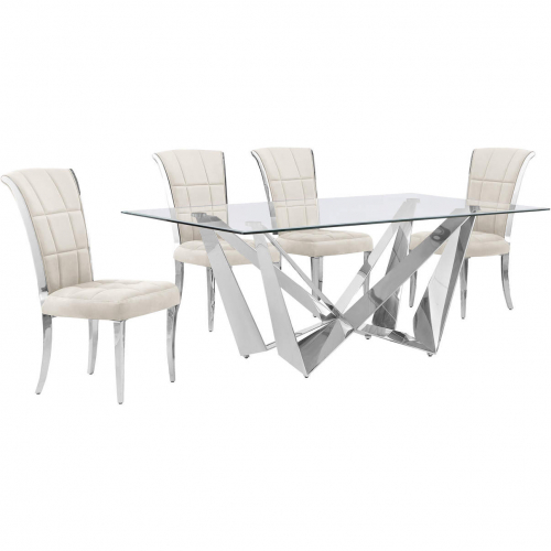 D400 5 Piece Dining Set in Tempered Glass, Polished Stainless Steel & Cream Velvet