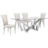 D400 5 Piece Dining Set in Tempered Glass, Polished Stainless Steel & Cream Velvet