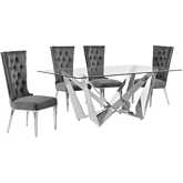 D400 5 Piece Dining Set in Tempered Glass, Polished Stainless Steel & Dark Gray Velvet