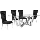 D400 5 Piece Dining Set in Tempered Glass, Polished Stainless Steel & Black Velvet