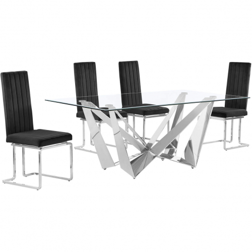 D400 5 Piece Dining Set in Tempered Glass, Polished Stainless Steel & Black Velvet