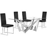 D400 5 Piece Dining Set in Tempered Glass, Polished Stainless Steel & Black Velvet