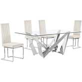D400 5 Piece Dining Set in Tempered Glass, Polished Stainless Steel & Cream Velvet
