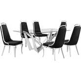 D400 7 Piece Dining Set in Tempered Glass, Polished Stainless Steel & Black Velvet
