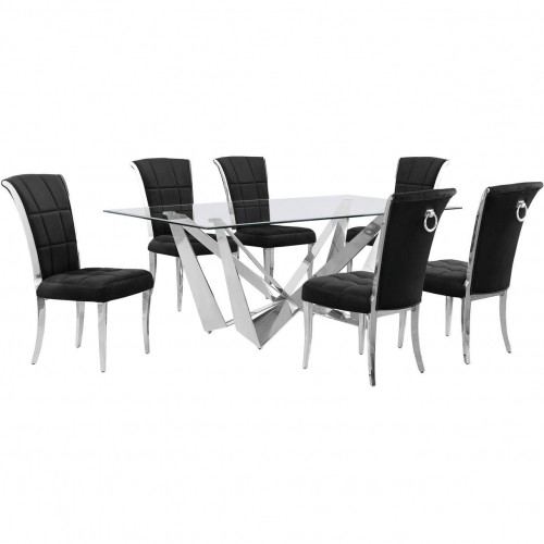 D400 7 Piece Dining Set in Tempered Glass, Polished Stainless Steel & Black Velvet