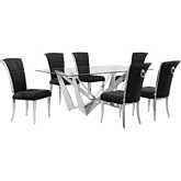 D400 7 Piece Dining Set in Tempered Glass, Polished Stainless Steel & Black Velvet