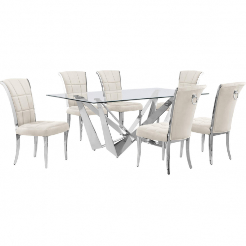 D400 7 Piece Dining Set in Tempered Glass, Polished Stainless Steel & Cream Velvet