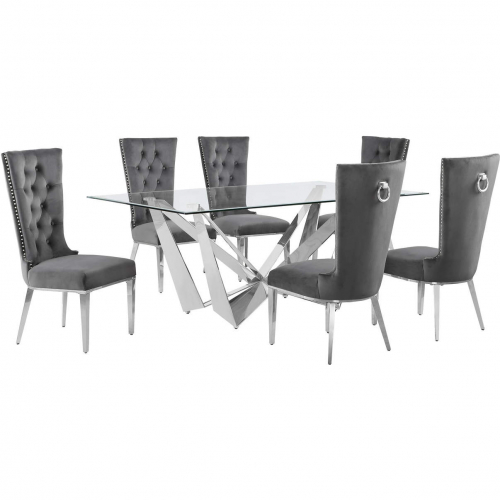 D400 7 Piece Dining Set in Tempered Glass, Polished Stainless Steel & Dark Gray Velvet
