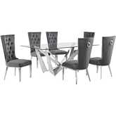 D400 7 Piece Dining Set in Tempered Glass, Polished Stainless Steel & Dark Gray Velvet