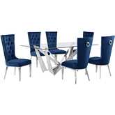 D400 7 Piece Dining Set in Tempered Glass, Polished Stainless Steel & Navy Blue Velvet