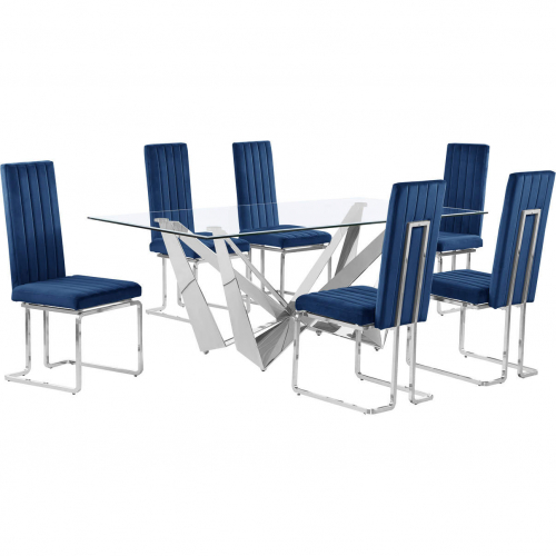D400 7 Piece Dining Set in Tempered Glass, Polished Stainless Steel & Navy Blue Velvet