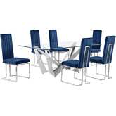 D400 7 Piece Dining Set in Tempered Glass, Polished Stainless Steel & Navy Blue Velvet