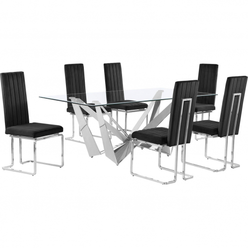 D400 7 Piece Dining Set in Tempered Glass, Polished Stainless Steel & Black Velvet