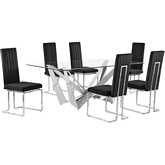 D400 7 Piece Dining Set in Tempered Glass, Polished Stainless Steel & Black Velvet