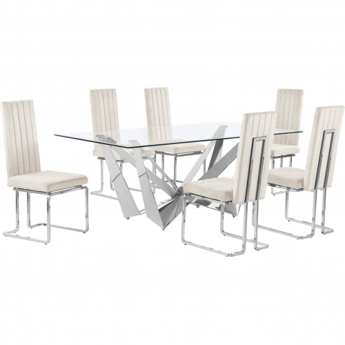 D400 7 Piece Dining Set in Tempered Glass, Polished Stainless Steel & Cream Velvet