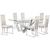 D400 7 Piece Dining Set in Tempered Glass, Polished Stainless Steel & Cream Velvet