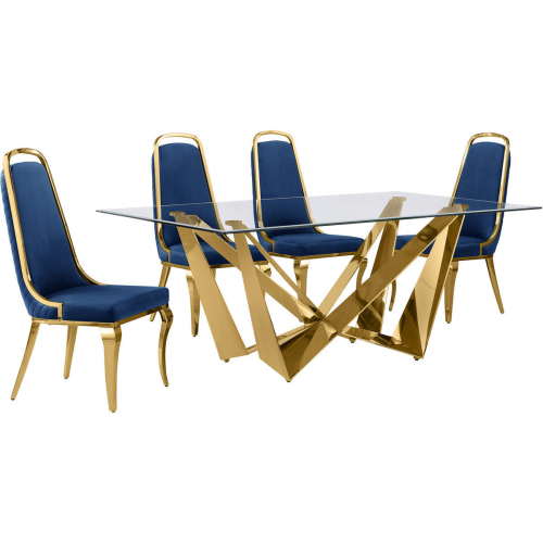 D401 5 Piece Dining Set in Tempered Glass, Polished Gold Stainless Steel & Navy Blue Velvet