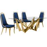 D401 5 Piece Dining Set in Tempered Glass, Polished Gold Stainless Steel & Navy Blue Velvet