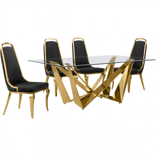 D401 5 Piece Dining Set in Tempered Glass, Polished Gold Stainless Steel & Black Velvet