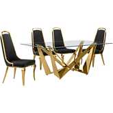 D401 5 Piece Dining Set in Tempered Glass, Polished Gold Stainless Steel & Black Velvet