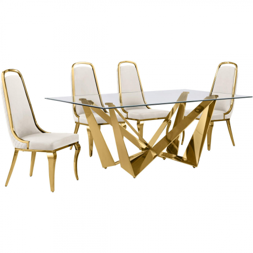 D401 5 Piece Dining Set in Tempered Glass, Polished Gold Stainless Steel & Cream Velvet