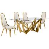 D401 5 Piece Dining Set in Tempered Glass, Polished Gold Stainless Steel & Cream Velvet