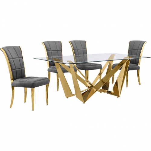 D401 5 Piece Dining Set in Tempered Glass, Polished Gold Stainless Steel & Dark Gray Velvet