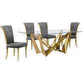 D401 5 Piece Dining Set in Tempered Glass, Polished Gold Stainless Steel & Dark Gray Velvet