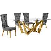 D401 5 Piece Dining Set in Tempered Glass, Polished Gold Stainless Steel & Dark Gray Velvet