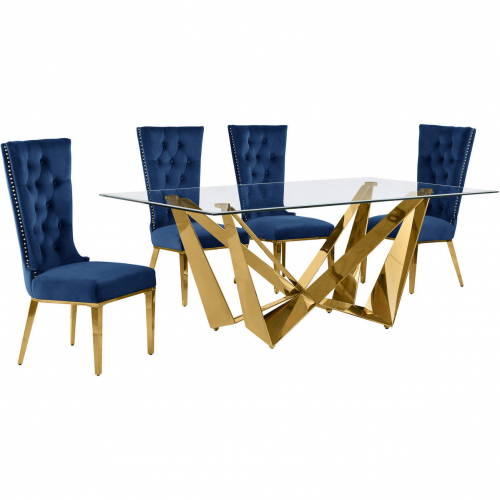 D401 5 Piece Dining Set in Tempered Glass, Polished Gold Stainless Steel & Navy Blue Velvet