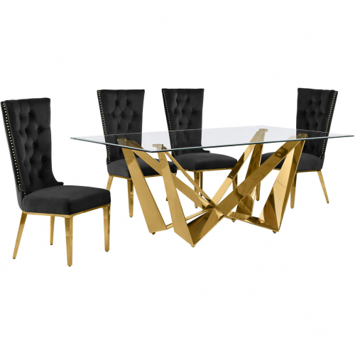 D401 5 Piece Dining Set in Tempered Glass, Polished Gold Stainless Steel & Black Velvet