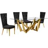 D401 5 Piece Dining Set in Tempered Glass, Polished Gold Stainless Steel & Black Velvet