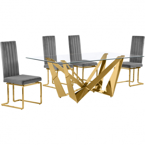 D401 5 Piece Dining Set in Tempered Glass, Polished Gold Stainless Steel & Dark Gray Velvet