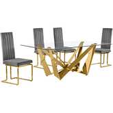 D401 5 Piece Dining Set in Tempered Glass, Polished Gold Stainless Steel & Dark Gray Velvet