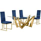 D401 5 Piece Dining Set in Tempered Glass, Polished Gold Stainless Steel & Navy Blue Velvet