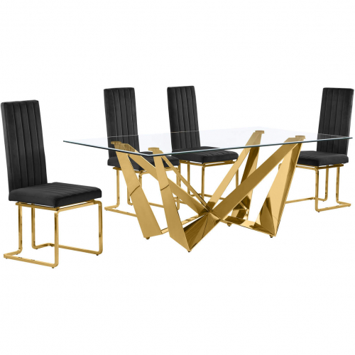 D401 5 Piece Dining Set in Tempered Glass, Polished Gold Stainless Steel & Black Velvet