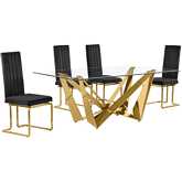 D401 5 Piece Dining Set in Tempered Glass, Polished Gold Stainless Steel & Black Velvet