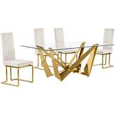 D401 5 Piece Dining Set in Tempered Glass, Polished Gold Stainless Steel & Cream Velvet
