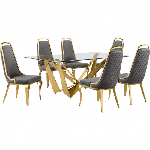 D401 7 Piece Dining Set in Tempered Glass, Polished Gold Stainless Steel & Dark Gray Velvet