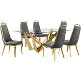 D401 7 Piece Dining Set in Tempered Glass, Polished Gold Stainless Steel & Dark Gray Velvet