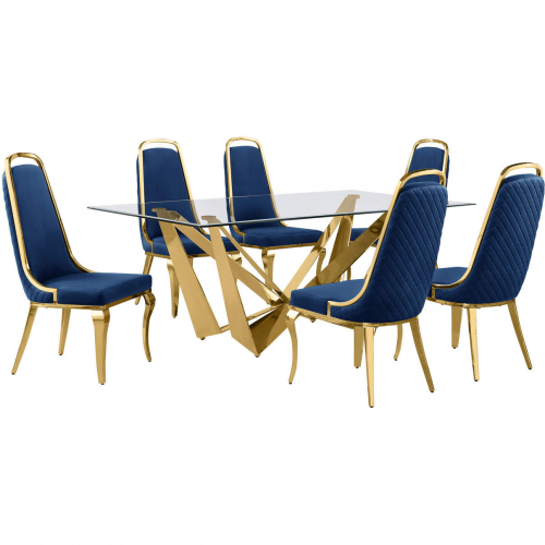 D401 7 Piece Dining Set in Tempered Glass, Polished Gold Stainless Steel & Navy Blue Velvet