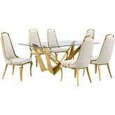 D401 7 Piece Dining Set in Tempered Glass, Polished Gold Stainless Steel & Cream Velvet