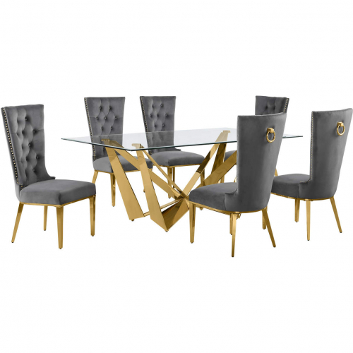 D401 7 Piece Dining Set in Tempered Glass, Polished Gold Stainless Steel & Dark Gray Velvet