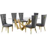 D401 7 Piece Dining Set in Tempered Glass, Polished Gold Stainless Steel & Dark Gray Velvet